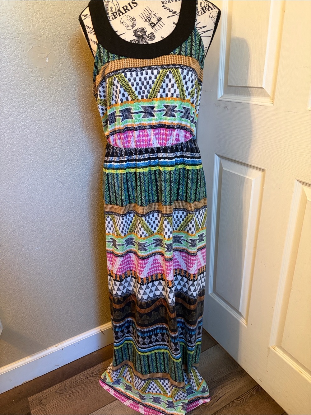 No Boundaries Multicolor Geometric Maxi Dress with Black Trim